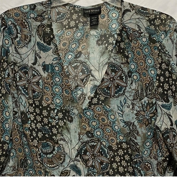Lane Bryant shirt women 22/24 green multi color long sleeve open shoulder blouse - Picture 2 of 13